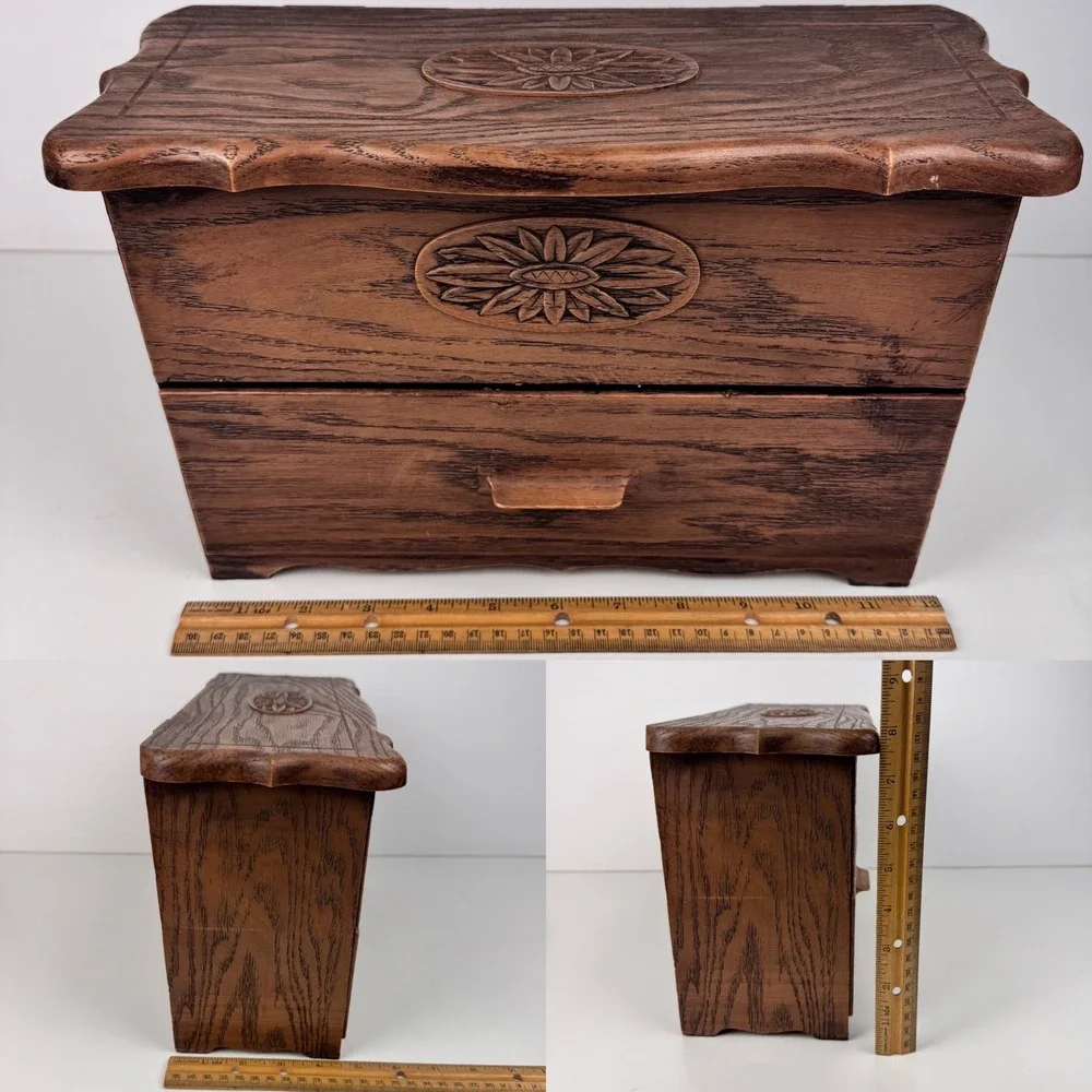 Vtg Plastic Lerner Tabletop Drawer Storage Box Faux Fake Wood Grain Brown‎ Tan
